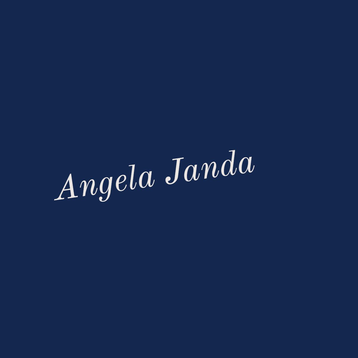 logo that reads "Angela Janda" in very light pink type on a dark blue background